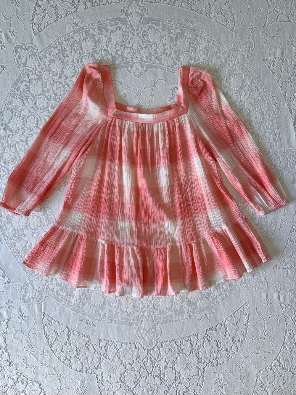 CHAPS‎ Pink White Gingham Cotton Plaid Square Neck Peasant Blouse Boho Top XL - Picture 2 of 13